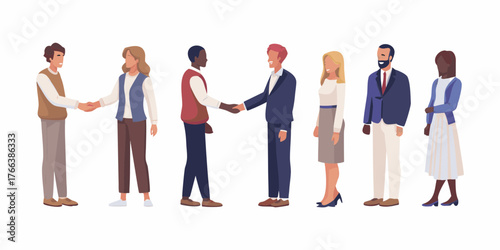 Diverse group of business professionals shaking hands and standing together in a line