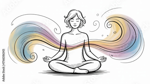 Woman in lotus position meditating with colorful energy waves hand-drawn sketch illustration for wellness and mindfulness concepts