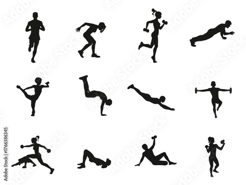  Fitness and exercise people silhouettes on white background