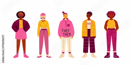 Diverse group of five people standing together celebrating individuality and gender inclusivity with stylish outfits