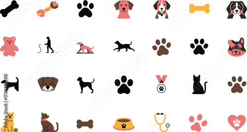 Variety of Pet Related Icons and Graphics Depicting Dogs Cats and Animal Care