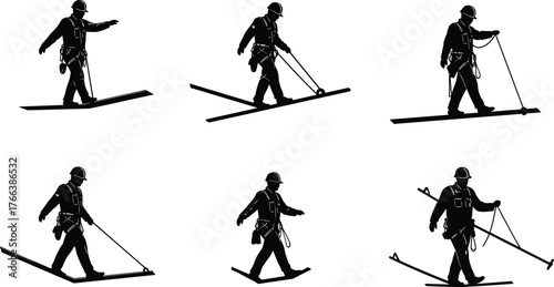 Roof Work Silhouettes, Construction Safety Gear, Sloped Surface Tasks, Worker Balance, Tool Handling, Black Figures, Harness Use, Industrial Scene, Yellow Helmet