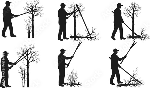 Tree and Bush Pruning Silhouettes, Gardening Tools, Landscaping Work, Plant Maintenance, Outdoor Labor, Visual Instruction, Black Figures, Seasonal Care