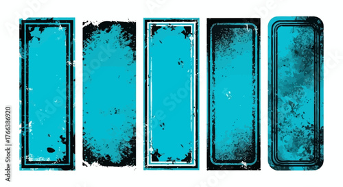 Collection of Five Stylized Grunge Blue Vertical Banner Frames with Distressed Black Textures, Perfect for Adding a Retro or Worn Aesthetic to Graphic Design Projects and Digital Backgrounds