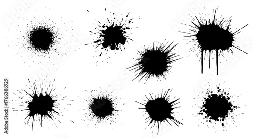 Collection of grunge splatters, isolated ink blots and paint splashes on white background
