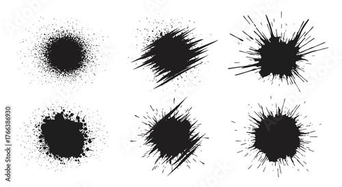 Vector set of diverse black ink splatters, paint blots, and grunge textures, perfect for adding artistic and dynamic effects to your design projects