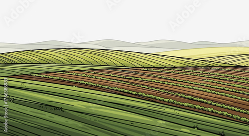 Vast agricultural landscape with fertile green fields and cultivated brown soil stretching across undulating hills under a clear sky, depicting a serene rural farming scene