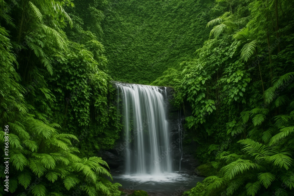 Naklejka premium Lush green jungle waterfall in tropical rainforest surrounded by dense foliage and mist, symbolizing eco harmony and environmental balance concept. Ai generative