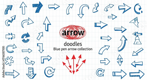 Versatile collection of hand-drawn blue arrow doodles, featuring various styles and directions on a textured grid background for graphic design and user interface elements
