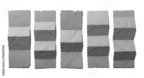 Collection of five blank, distressed, and vertically folded paper textures in monochrome, showcasing aged and grunge appearance for versatile graphic design elements and backdrops