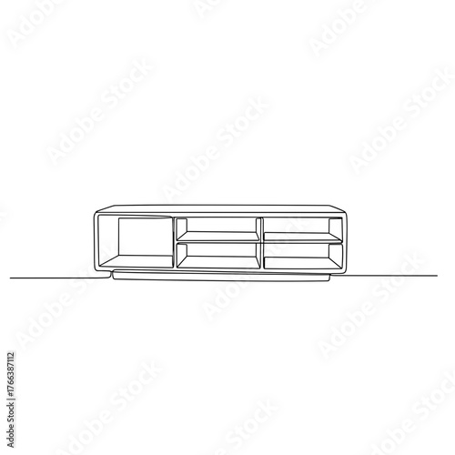 Modern TV cabinet in minimalist line art style on white background