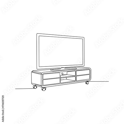 TV stand with flat screen in minimalist line art style on white