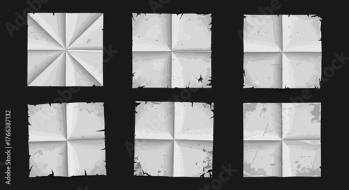 Diverse set of aged and crumpled paper textures, featuring various fold patterns, distressed edges, and stained surfaces, ideal for vintage graphic design backgrounds and overlays