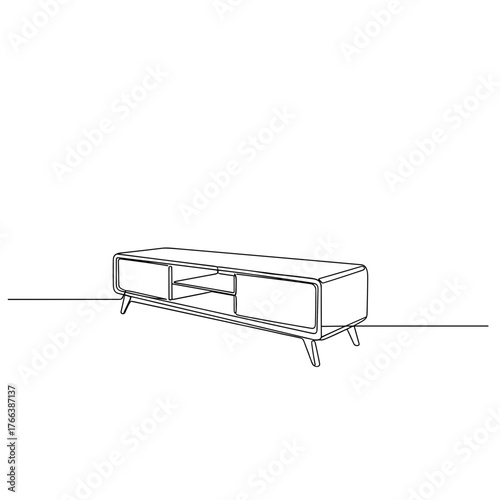Minimalist TV console with open shelves in line art style on white