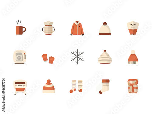 Winter season daily life icons including gloves, coffee cup, jacket, heater, and snowflake on white background