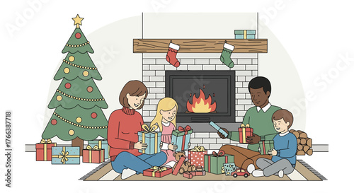 A diverse family joyfully unwrapping Christmas presents by a cozy fireplace and decorated tree.