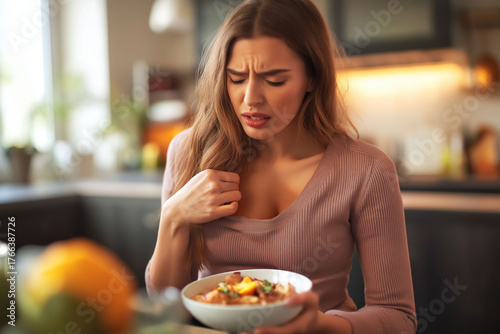 A woman sits at a kitchen table holding her stomach in discomfort after eating, showing signs of bloating or indigestion.