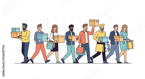 Diverse group of people walking with shopping bags and boxes.