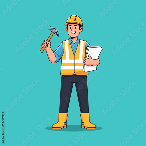 A happy construction worker in a yellow hard hat and safety vest stands with a hammer in one hand and paperwork in the other against a blue background.