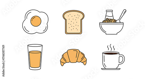 Set of six colorful line art icons depicting various breakfast foods and drinks.