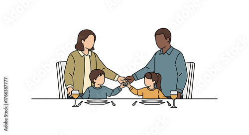 A multiracial family with a mother, father, and two children holding hands together at the dinner table.