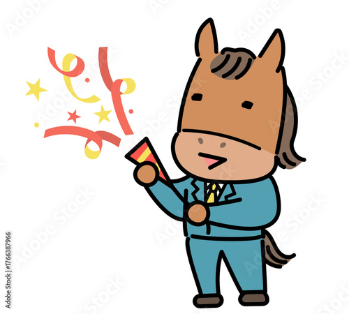 楽しげにクラッカーを鳴らす馬のキャラクター