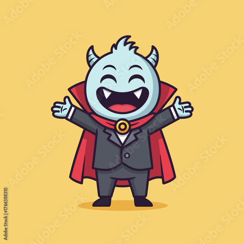A light blue cartoon vampire with a red cape and a black suit smiles widely and holds its arms out for a hug on a yellow background.