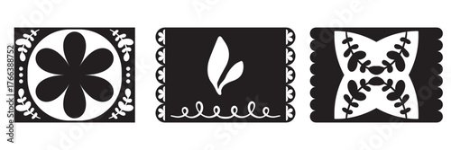 Mexican papel Picado collection with floral template . Design for cinco de mayo event. Cultural Celebrations. Vector illustration. EPS 10