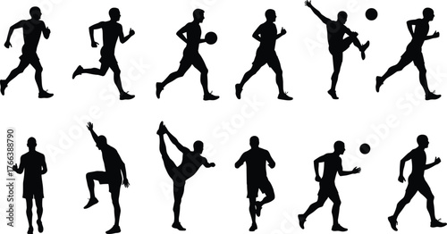 Athletic human silhouettes, running, jumping, ball sports, fitness poses, exercise illustration, black figures, dynamic movement, sports training, physical activity art