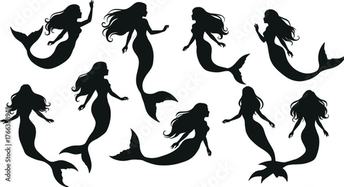 Beautiful mermaid silhouettes, fantasy sea creatures, underwater mythology, ocean fairytale, mystical siren art, aquatic illustration, vector design, magical underwater world