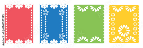 Mexican papel Picado collection with floral template . Design for cinco de mayo event. Cultural Celebrations. Vector illustration. EPS 10