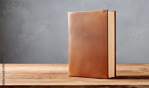 Single Blank Hardcover Book with Brown Cover Standing on a Rustic Wooden Table Against a Moody Background
