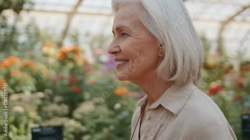 Elderly woman enjoying vibrant flower garden, embracing tranquility in nature's beauty