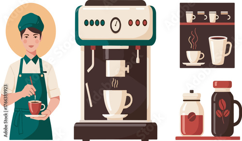 Barista serving coffee with espresso machine and graphic elements for cafe menu or design