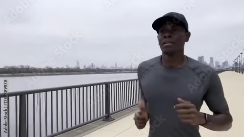 Active urban morning run with motivated young african male, fitness and health concept