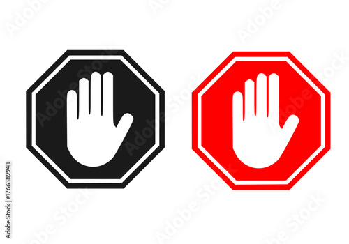 Red stop,black stop, hand block octagon sign or Adblock or do not enter or forbidden icon. vector png illustration.
