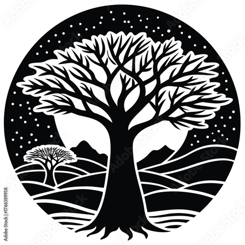 Baobab Tree Silhouette Vector for African Nature, Safari, and Eco Design