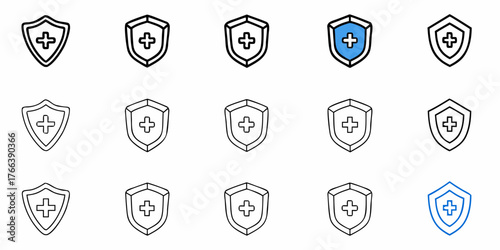 Modern Shields with Plus Signs for Medical, Security, or Protection Concepts; Great for Logos, Icons, or Design Elements in Health, Safety, and Tech