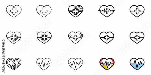 Medical Heart Icons Collection: Essential Healthcare Symbols for Modern Design, Perfect for Health, Wellness, and Technology Projects - Originally Vector Graphics