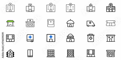 Black line art icons featuring hospitals, clinics, and ambulances for healthcare design projects or public health awareness campaigns, originally a vector graphic