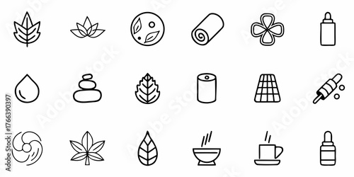 Elegant spa and wellness icons promote relaxation, self-care, and holistic health, ideal for beauty, massage, aromatherapy, and healthy lifestyle themes