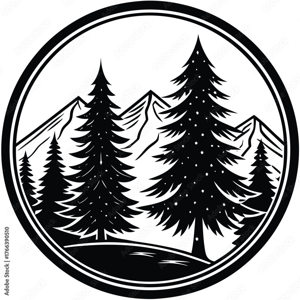 Obraz premium Black silhouette of a pine tree with detailed branches. Perfect for outdoor branding, winter themes, camping graphics, hiking designs, eco logos, minimalist landscapes, and Christmas decorations.