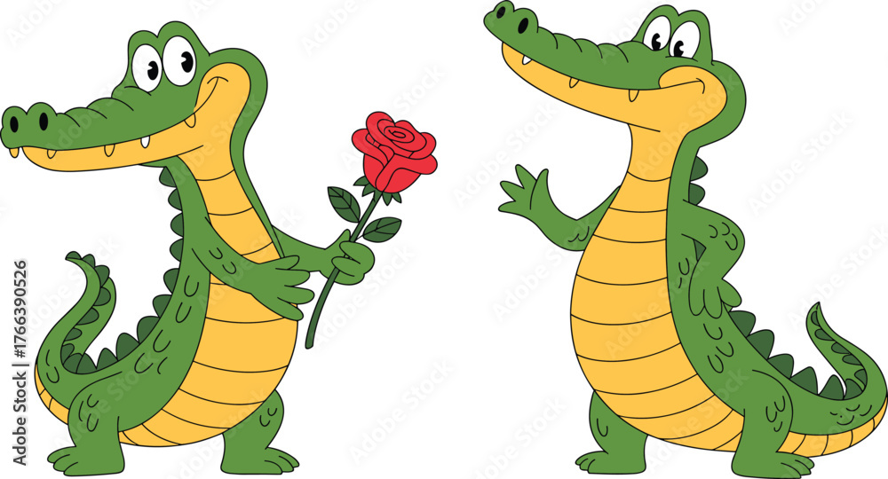 Obraz premium Cute Cartoon Crocodile Mascot Vector Illustration Giving Red Rose Flower Smiling Alligator Character Animal Presenting Gift Isolated on White.