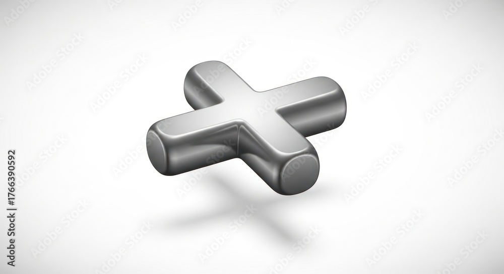 Obraz premium 3D Silver Metallic Plus Sign Symbol with Rounded Edges on a White Background