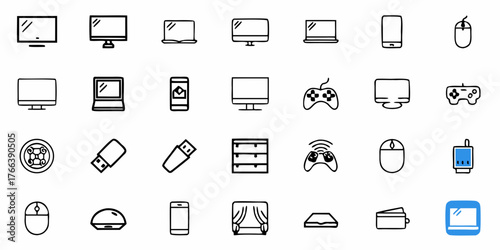 Sleek Line Art Icons Featuring Modern Devices, Gadgets, and Home Essentials, Ideal for Website Design and App Development, Offering Versatile Style for Branding