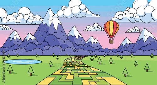 Hot Air Balloon Flying Over a Maze-like Road in a Mountainous Landscape.