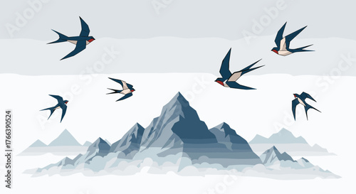 Several Swallows Flying Over Majestic Mountain Peaks.