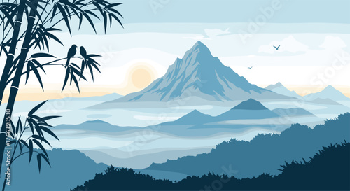 Two birds perched on a bamboo branch with a majestic mountain landscape.