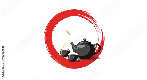 Elegant black teapot and cups inside a red circle, tea ceremony concept.