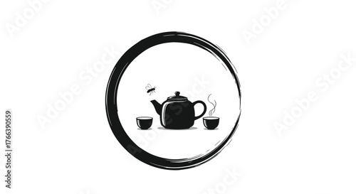 Traditional Teapot and Cups with Steam in a Zen Circle.